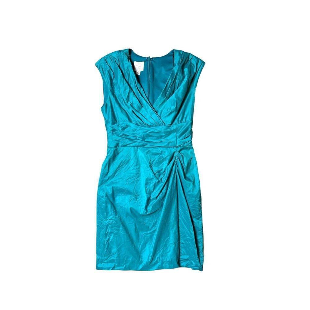 Suzi Chin For Maggy Boutique Teal Stunner Rouched Dress Knee Length‎ Size 6 EUC
